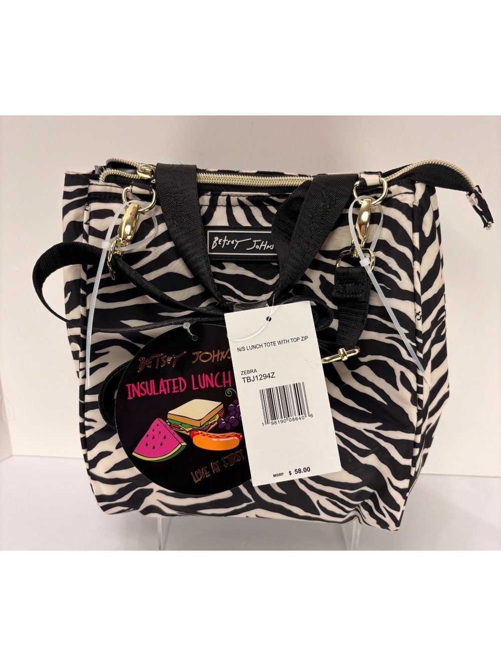 Betsy Johnson Zebra Insulated Lunch Tote Bag Black White New With Tags